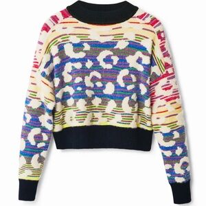 Desigual Striped Leopard Effect Lurex Jumper Perkins Collar Sweater Sz L